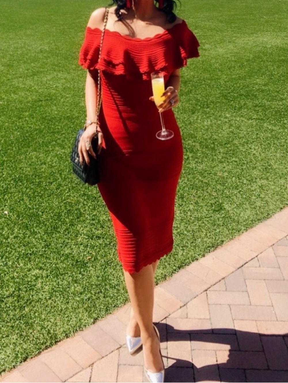 Eliza J Red Off-Shoulder Ruffle Midi Dress